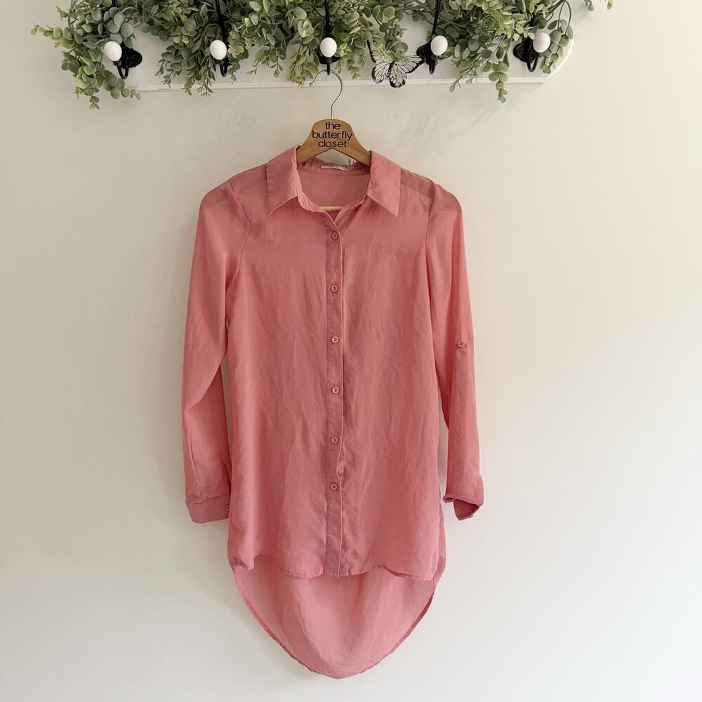 Poetry Pink Chiffon Semi Sheer Open Back Long Sleeve Tunic Size Small 16-3070